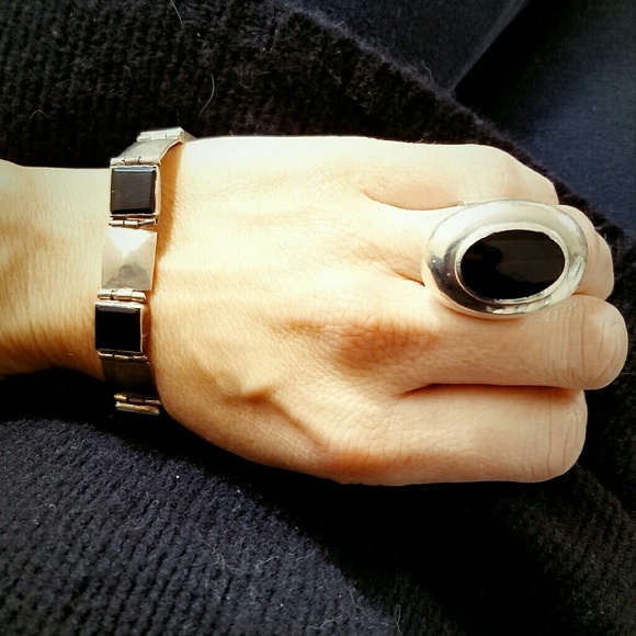 Vintage Sterling Silver Onyx Signed Link Bracelet - Picture 1 of 8